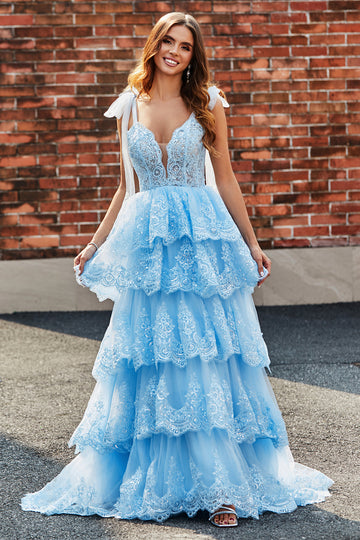 A più livelli Tulle Sweetheart Bow Tie Straps Paillettes Prom Dress con appliques